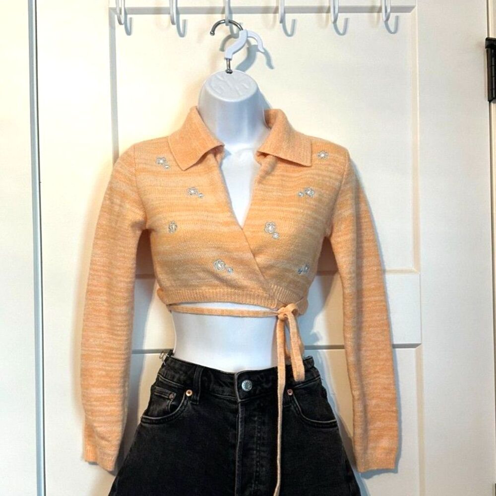 Witty Fox Young Contemporary Wrap Tie Waist Cropped Sweater